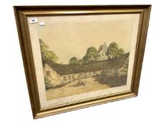 A Continental print with hand colouring depicting a courtyard, 60cm by 50cm.