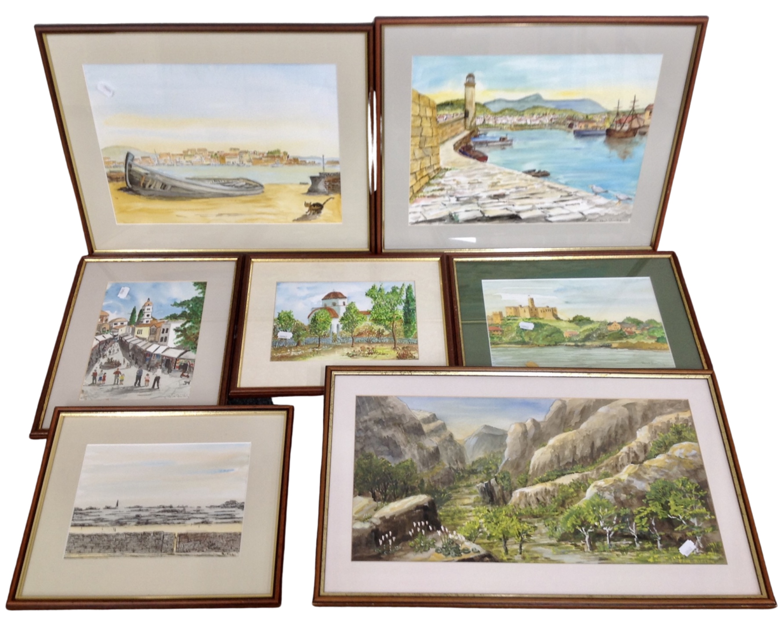 Seven Paul Bielby watercolours including landscapes, harbour scenes and market towns,