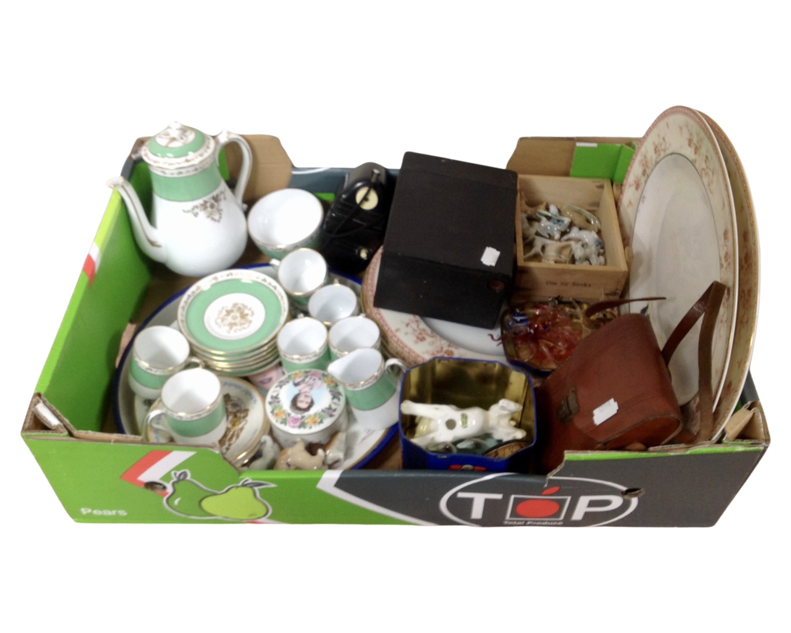 A box containing a Tuscan china coffee service, commemorative china, Wade whimsies, glass figures,