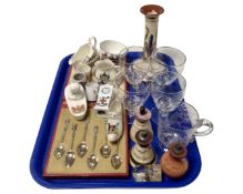 A tray containing crested china, a set of cased souvenir teaspoons, Devonware ceramics,