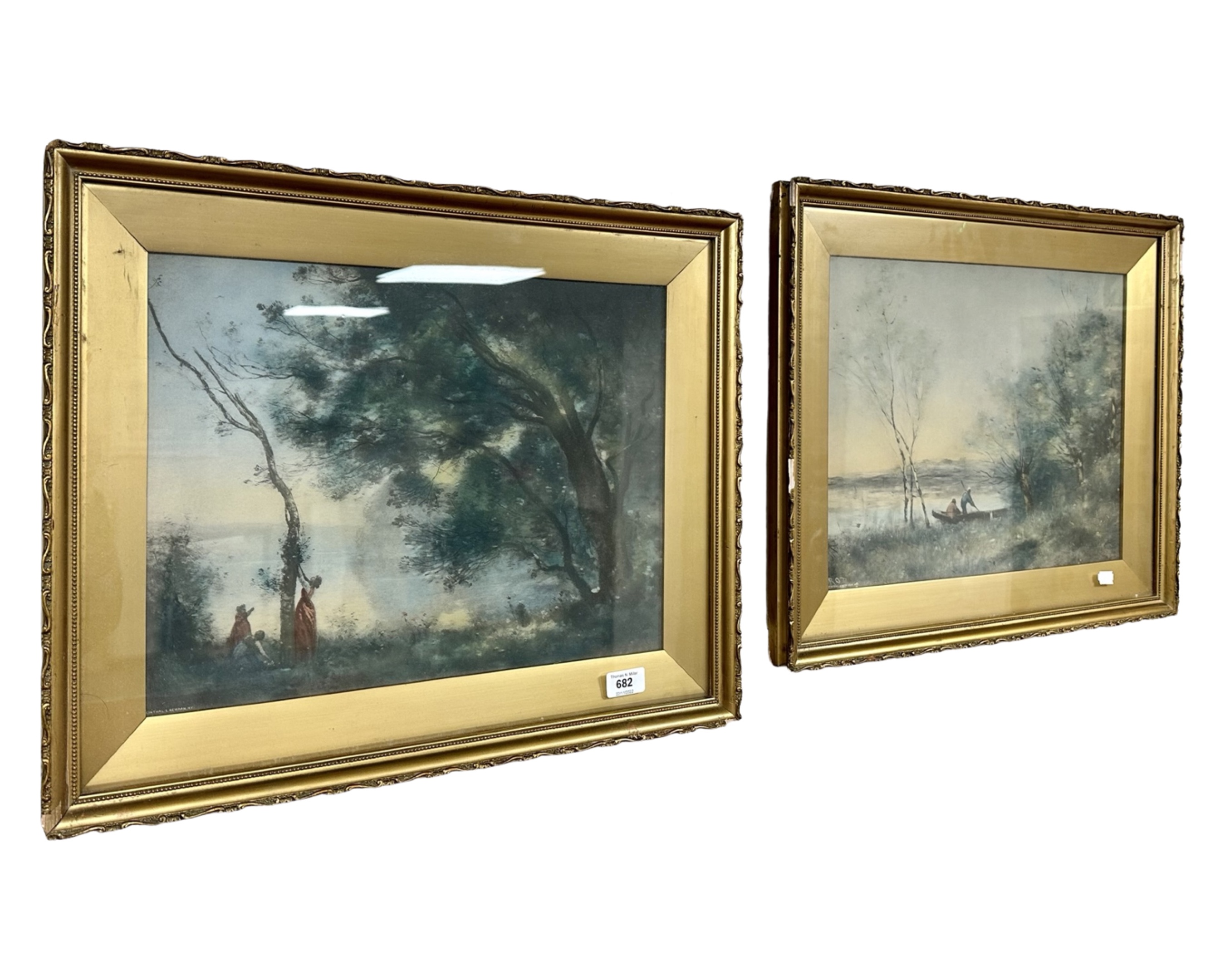 Two Continental colour prints depicting figures by woodland, each 43cm by 32cm.