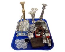A tray containing assorted plated wares, opera glasses, mid-20th century metal horse figures,