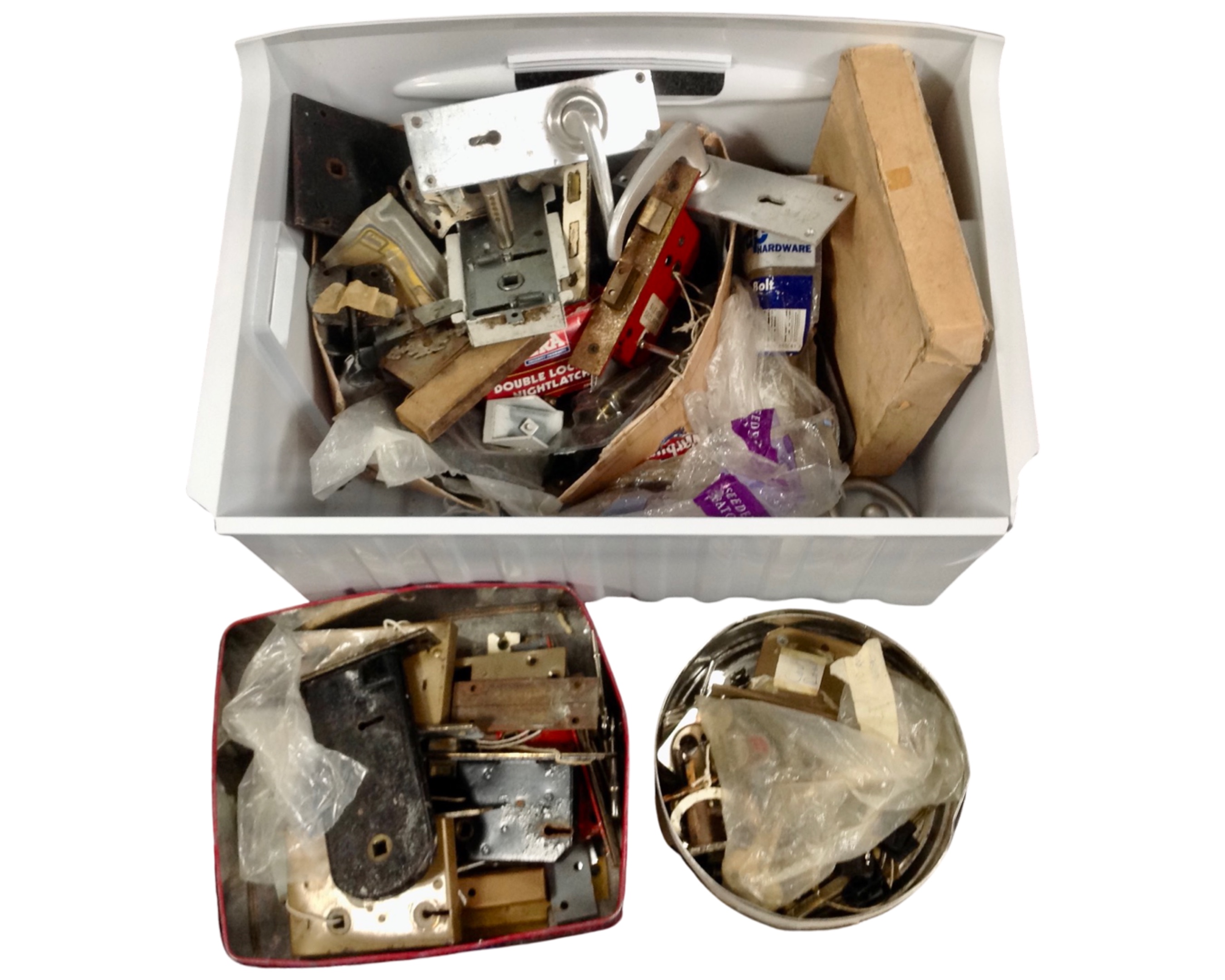 A box containing a quantity of vintage door locks, keys, door handles etc.
