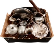 A box containing assorted plated wares including cut glass silver plated sugar sifter,
