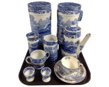 A tray containing eight pieces of Copeland Spode Italian and tower patterned blue and white china