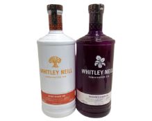 Two bottles of Whitley Neill Handcrafted Gin, Rhubarb and Ginger and Blood Orange, 1.75l.
