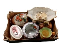 A box containing assorted ceramics including an Italian comport, fishbowl planter,