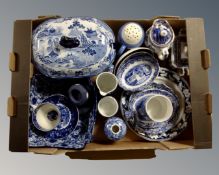 A box containing blue and white china including Copeland Spode Italian, Wedgwood Jasperware,