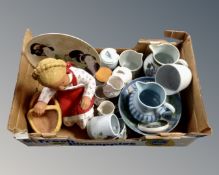 A box containing assorted ceramics including a figure of a girl, Chinese wall plates,
