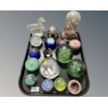 A tray containing two Victorian glass dumps together with a collection of glass paperweights