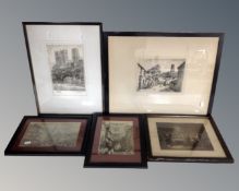 A box containing antiquarian and later colour and black and white etchings and prints including a