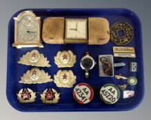 A tray containing enamelled badges including public service vehicle driver and conductor badge,