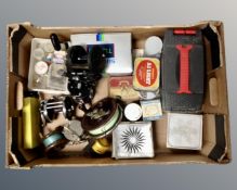 A box containing vintage and later fishing equipment including wooden reels,