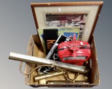 A box containing a Lowry print, Avery postal scales, signs, brass picture lights.