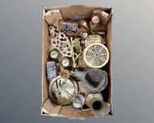 A box containing copper and brass wares including a miniature miner's lamp, mining figures, trivet,