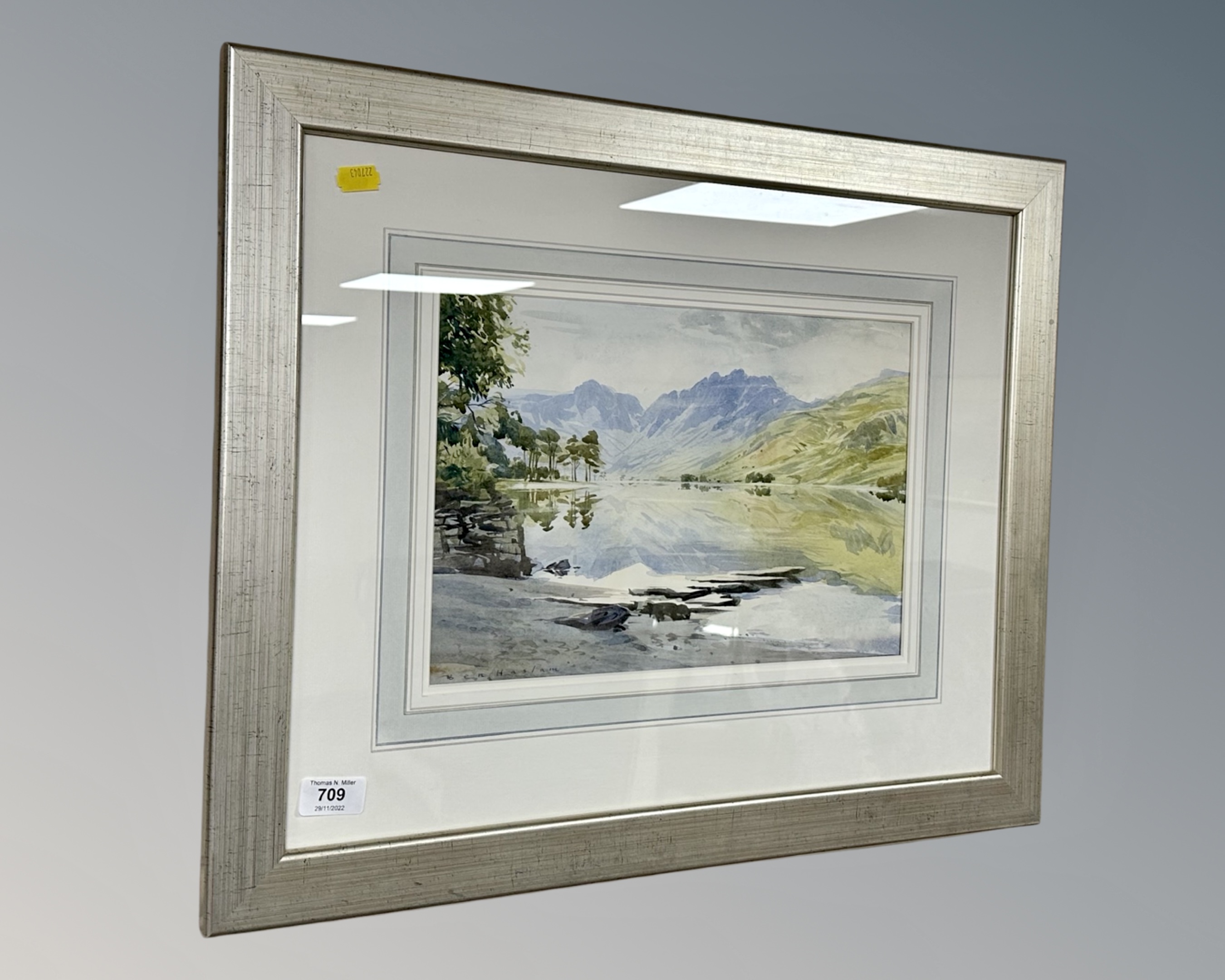 Ben Haslam : A view across a lake, watercolour, in frame and mount, 35cm by 24cm.