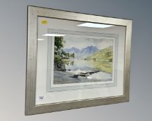 Ben Haslam : A view across a lake, watercolour, in frame and mount, 35cm by 24cm.