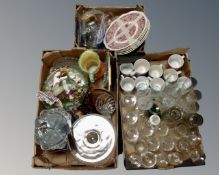 Three boxes containing assorted glassware, mugs, Art Deco jug, dinner plates, cocktail shaker etc.