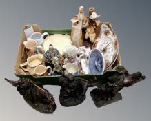 A box containing Chinese style pottery figurines, Ringtons jugs,