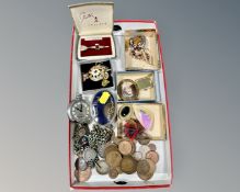 A tray containing assorted coinage, silver fob on Albert chain, Smith's pocket watch,