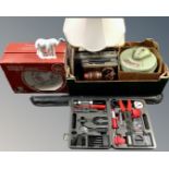 A box containing vintage radios, a porcelain table lamp with shade, snooker cue,