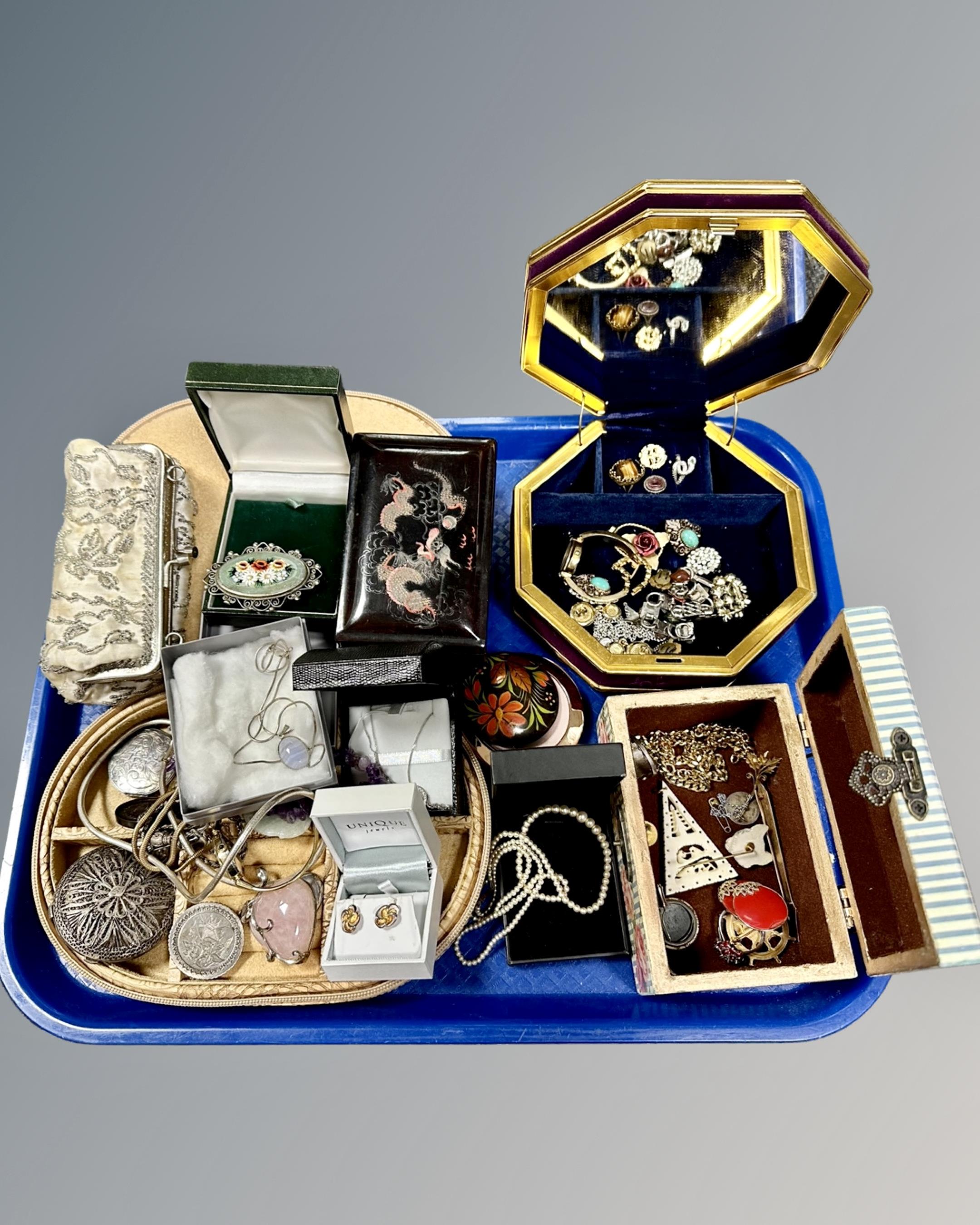 A tray of costume jewellery, silver brooch, filigree box,