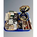 A tray of costume jewellery, silver brooch, filigree box,