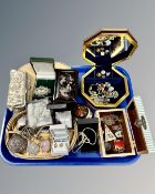A tray of costume jewellery, silver brooch, filigree box,