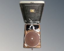 A HMV tabletop gramophone.