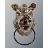 A cast iron boar's head horse hitch. 19 cm x 16 cm, approximately 1.8kg.