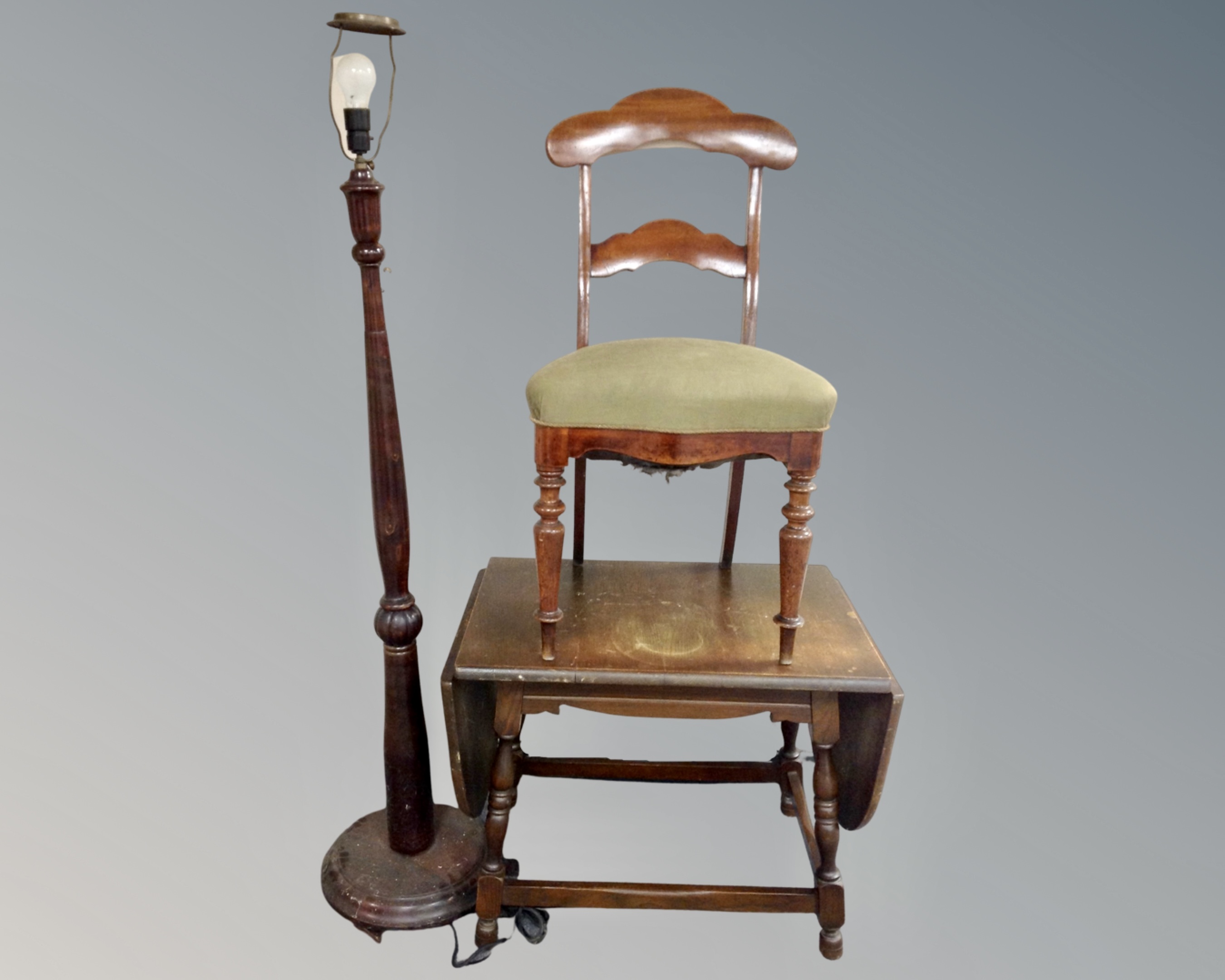An antique mahogany dining chair together with a beech wood standard lamp and a flap sided coffee