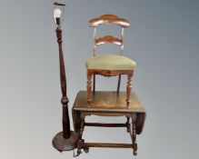 An antique mahogany dining chair together with a beech wood standard lamp and a flap sided coffee
