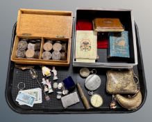 A tray of Victorian pennies, lighter, playing cards, brass purses,