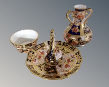 Three pieces of Royal Crown Derby Imari pattern china including ring stand,