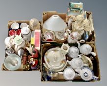 Three boxes containing assorted teapots including Royal Albert, a Royal Albert Country Roses dish,