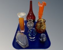 A tray containing antique and later glassware including Whitefriars and Caithness vase,