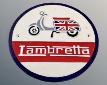 A cast iron Lambretta wall plaque.