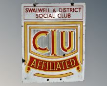 A vintage double-sided enamelled sign 'Swalwell and District Social Club'.