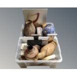 Two boxes containing contemporary home furnishings, Arthur Wood bowl, kitchen storage jars,