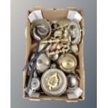 A box containing antique and later metalware including cast iron handled pan, chestnut warmer,