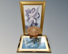Two contemporary framed prints depicting angels together with a small eastern carved hardwood