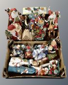 Two boxes containing a large quantity of ceramic and resin Christmas ornaments, musical box,