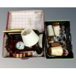 A vintage luggage case and a crate containing a companion set, stoneware bottles,