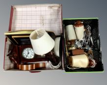 A vintage luggage case and a crate containing a companion set, stoneware bottles,