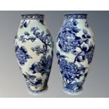 A pair of Bleu Hortensia blue and white vases, height 32cm.