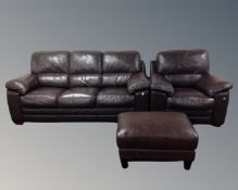 A brown leather three seater settee and armchair together with an SiSi Italia brown leather storage