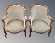 A pair of 19th century mahogany framed tub armchairs upholstered in a green dralon.