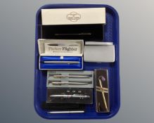 A tray containing assorted pens including Parker, Tallon, and Pierre Cardin,