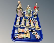 A tray containing ceramic figures including a Japanese Geisha band, military figures etc.