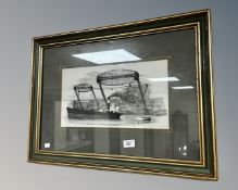After P. Bainbridge : Boats on a river, monochrome print, in frame and mount, 37cm by 20cm.